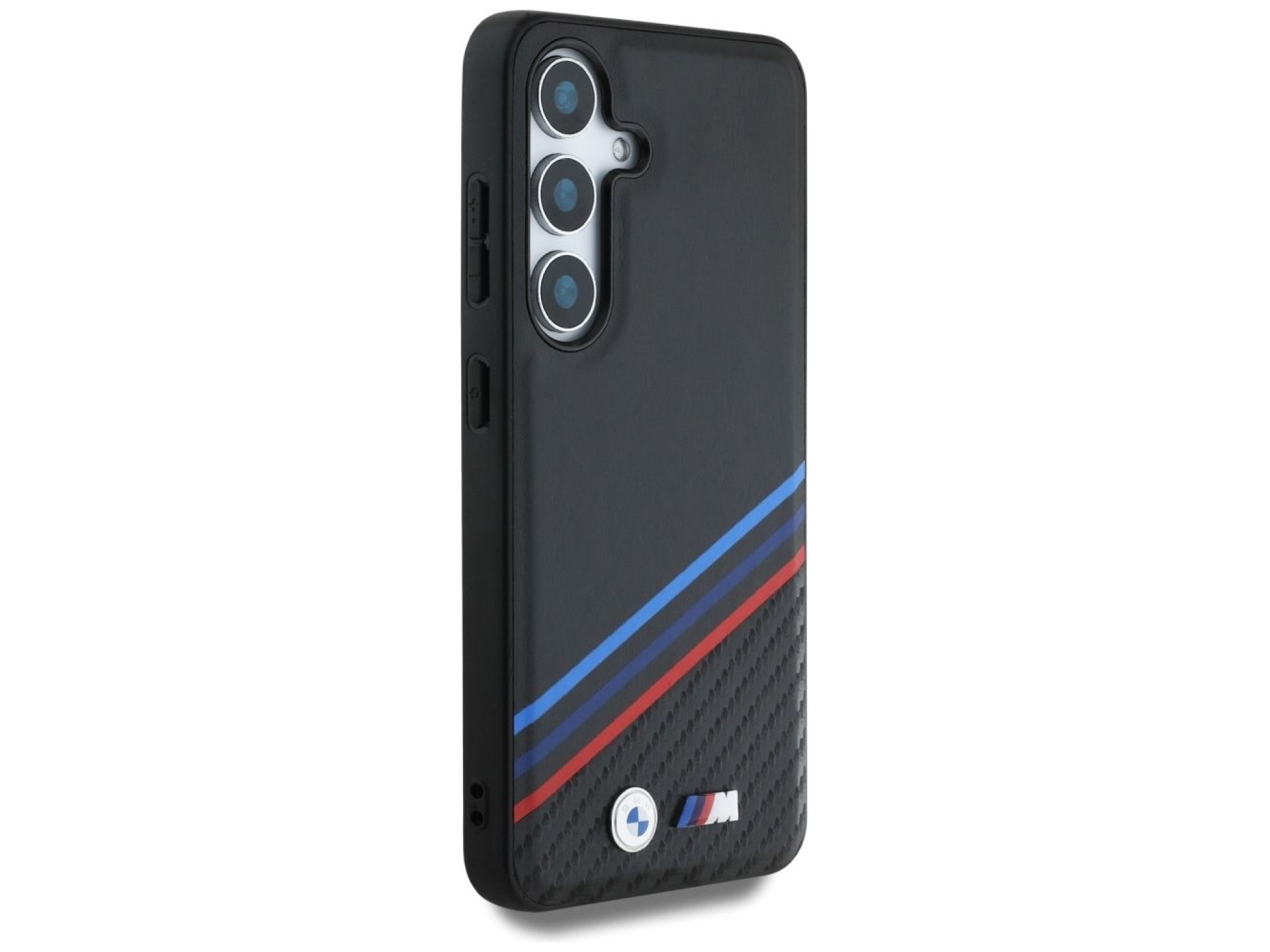 Capa MagSafe BMW em couro com listras tricolores para Samsung Galaxy S25 - Preta