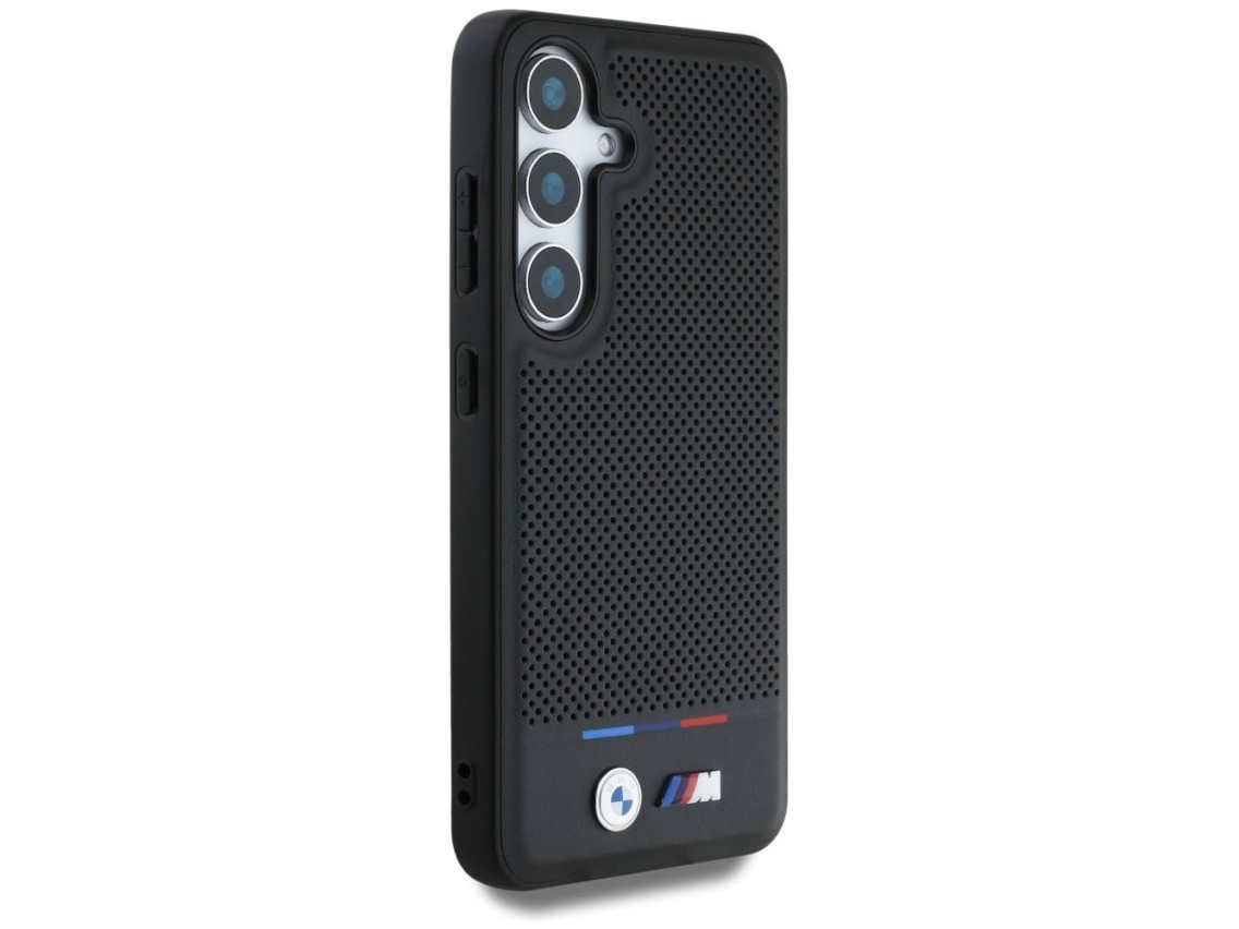 Capa MagSafe BMW em couro com listras tricolores para Samsung Galaxy S25+ - Preta