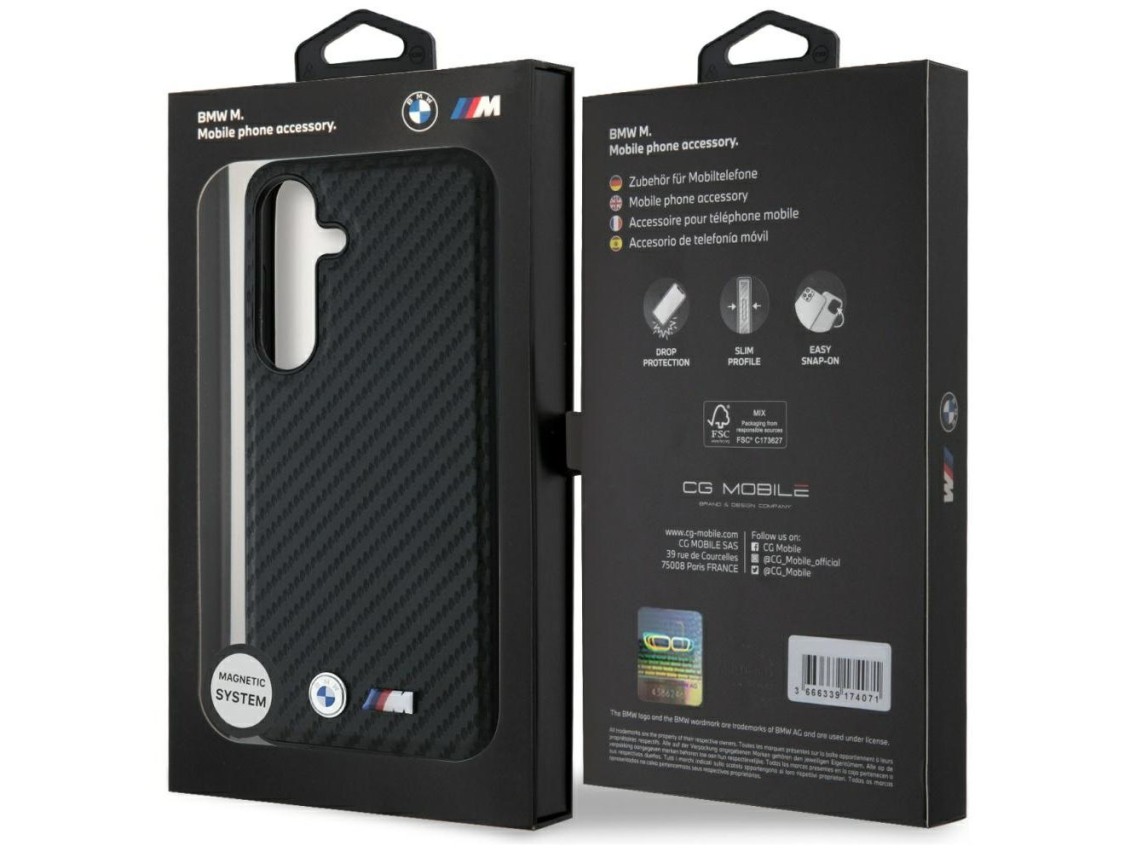 Capa MagSafe em couro e fibra de carbono da BMW para Samsung Galaxy S25 - Preta