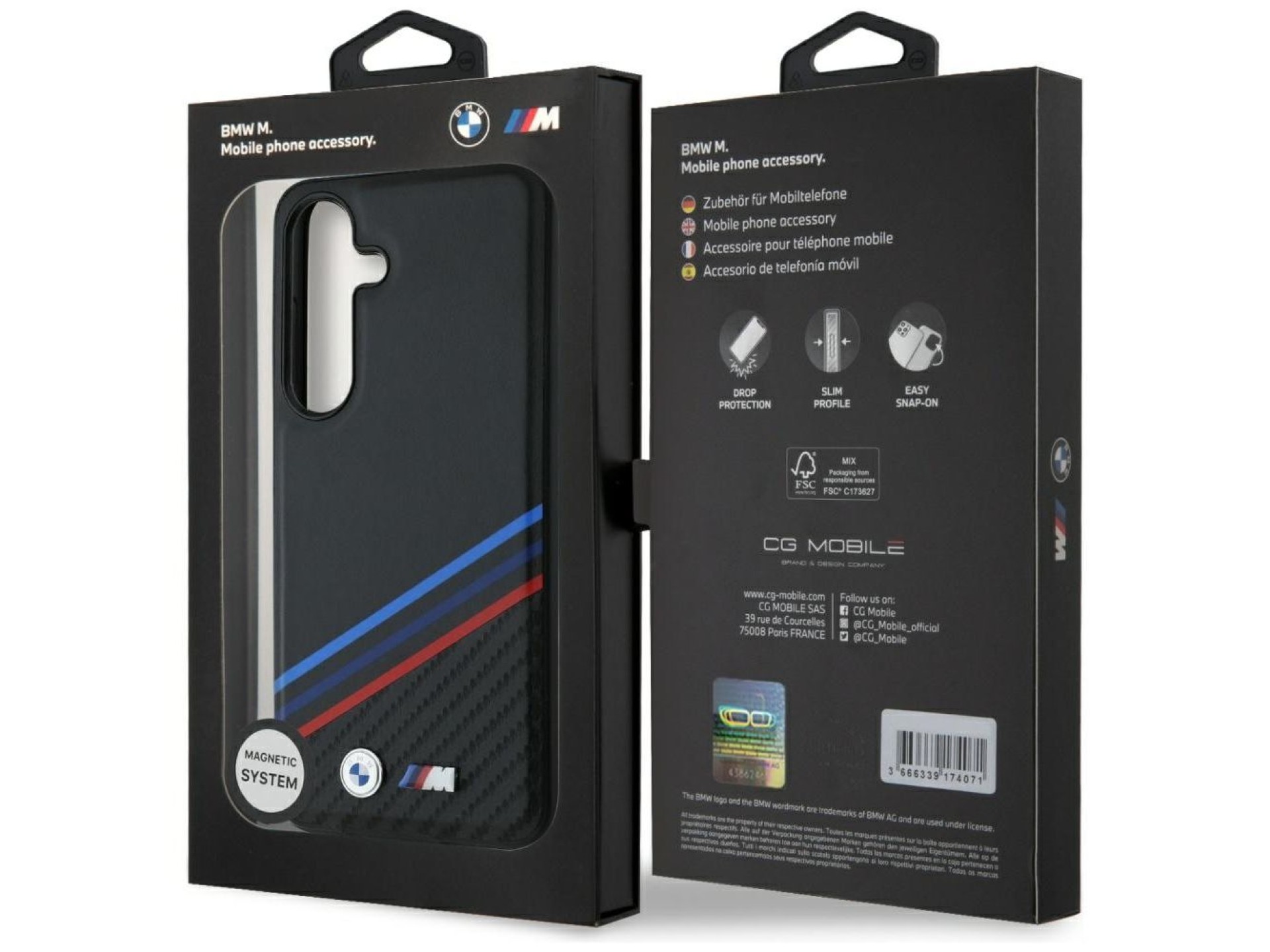 Capa MagSafe BMW em couro com listras tricolores para Samsung Galaxy S25 - Preta