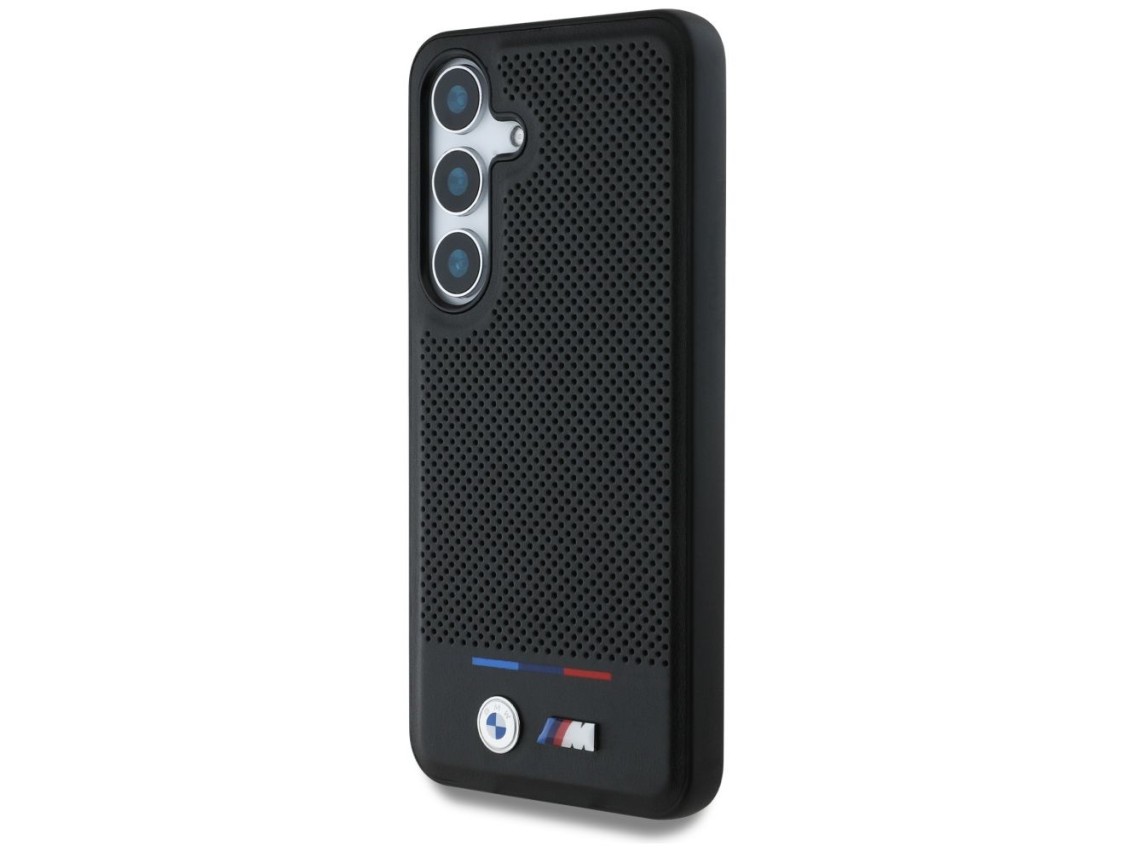 Capa MagSafe BMW em couro com listras tricolores para Samsung Galaxy S25 - Preta