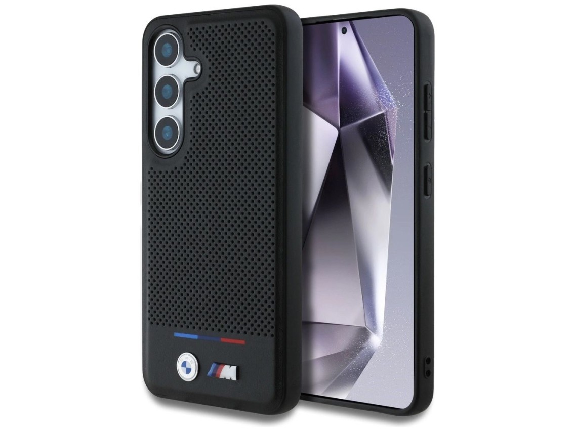 Capa MagSafe BMW em couro com listras tricolores para Samsung Galaxy S25 - Preta