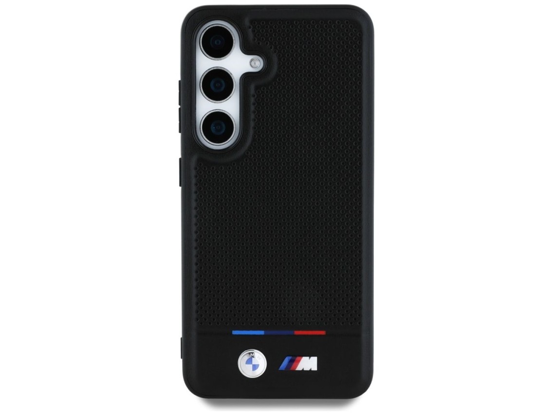 Capa MagSafe BMW em couro com listras tricolores para Samsung Galaxy S25 - Preta
