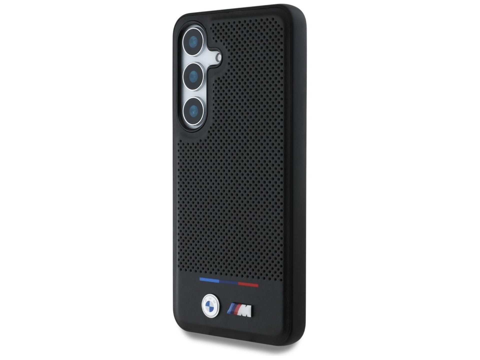 Capa MagSafe BMW em couro com listras tricolores para Samsung Galaxy S25+ - Preta