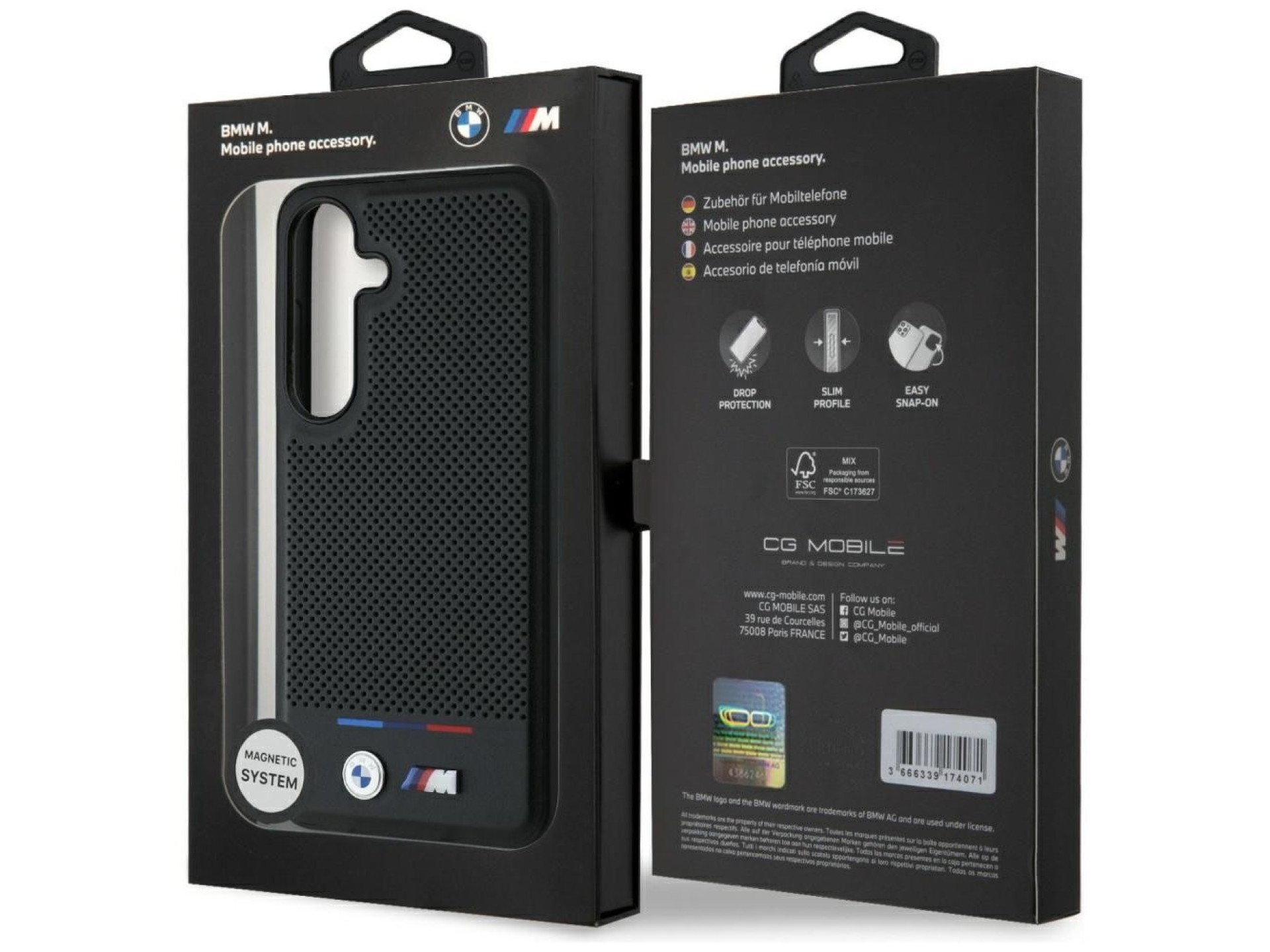 Capa MagSafe BMW em couro com listras tricolores para Samsung Galaxy S25 - Preta