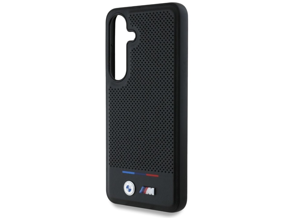 Capa MagSafe BMW em couro com listras tricolores para Samsung Galaxy S25 - Preta