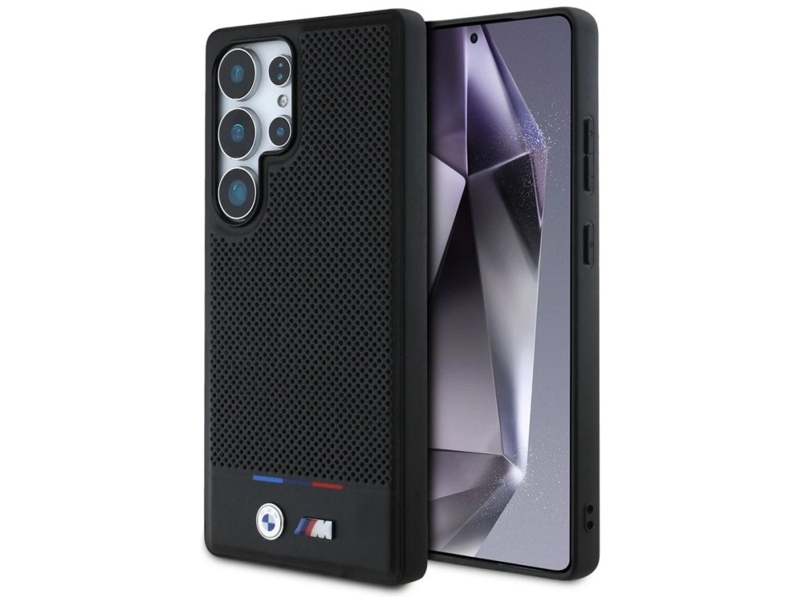Funda BMW de cuero con franja tricolor MagSafena para Samsung Galaxy S25 Ultra - Negra