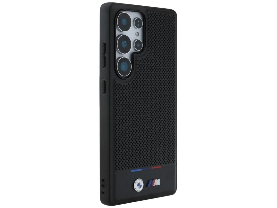 Funda BMW de cuero con franja tricolor MagSafena para Samsung Galaxy S25 Ultra - Negra