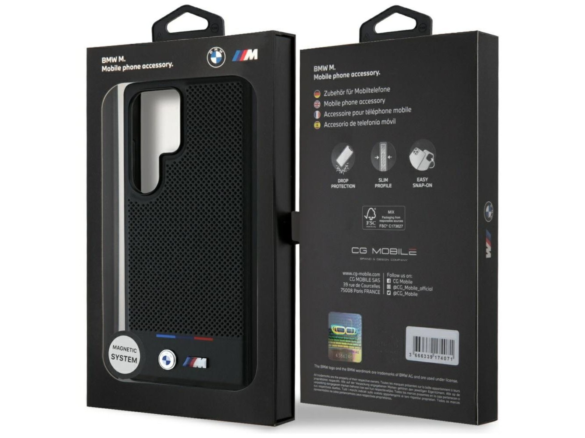 Funda BMW de cuero con franja tricolor MagSafena para Samsung Galaxy S25 Ultra - Negra