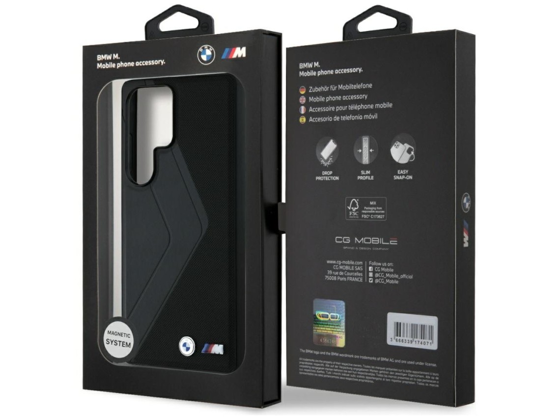 Funda BMW de cuero con rayas extragrandes y MagSafe para Samsung Galaxy S25 Ultra - negra