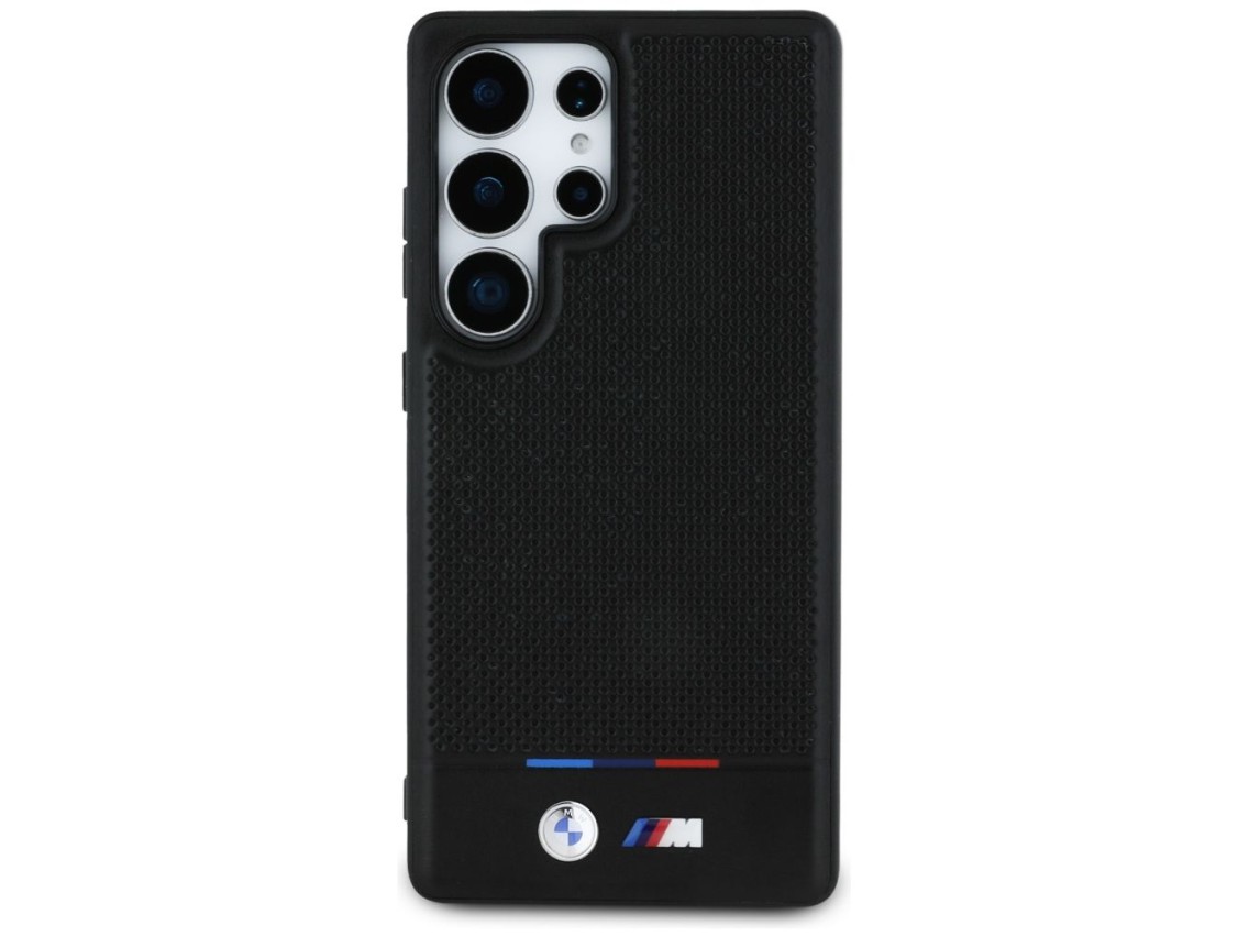 Funda BMW de cuero con franja tricolor MagSafena para Samsung Galaxy S25 Ultra - Negra