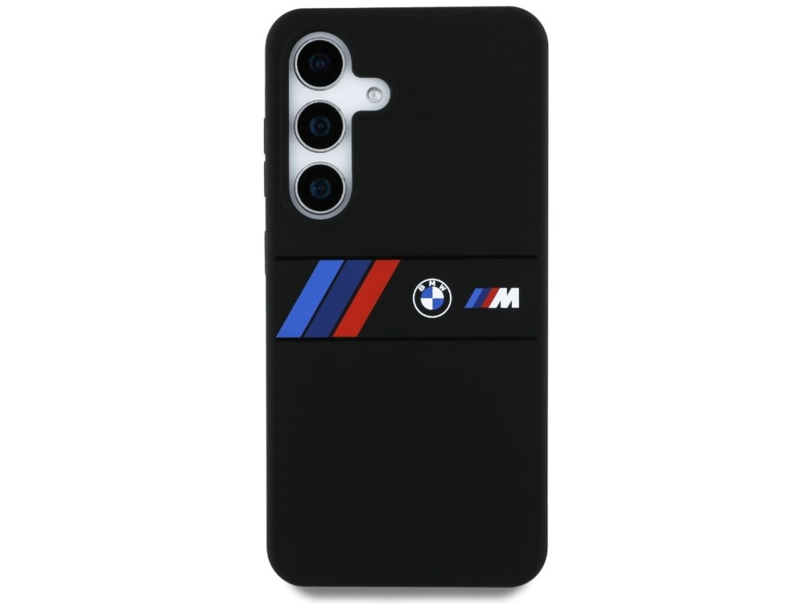 Funda MagSafe de silicona BMW con franjas tricolores centrales para Samsung Galaxy S25 - Negra