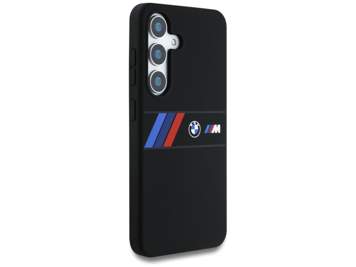 Funda MagSafe de silicona BMW con franjas tricolores centrales para Samsung Galaxy S25 - Negra
