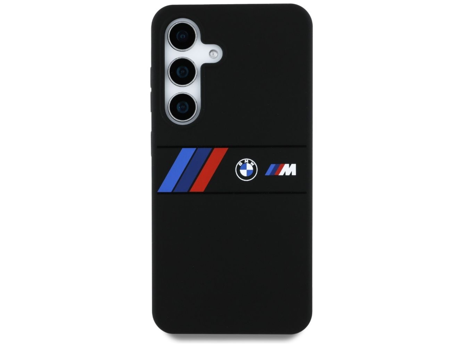 Funda MagSafe de silicona BMW con franjas tricolores centrales para Samsung Galaxy S25 - Negra