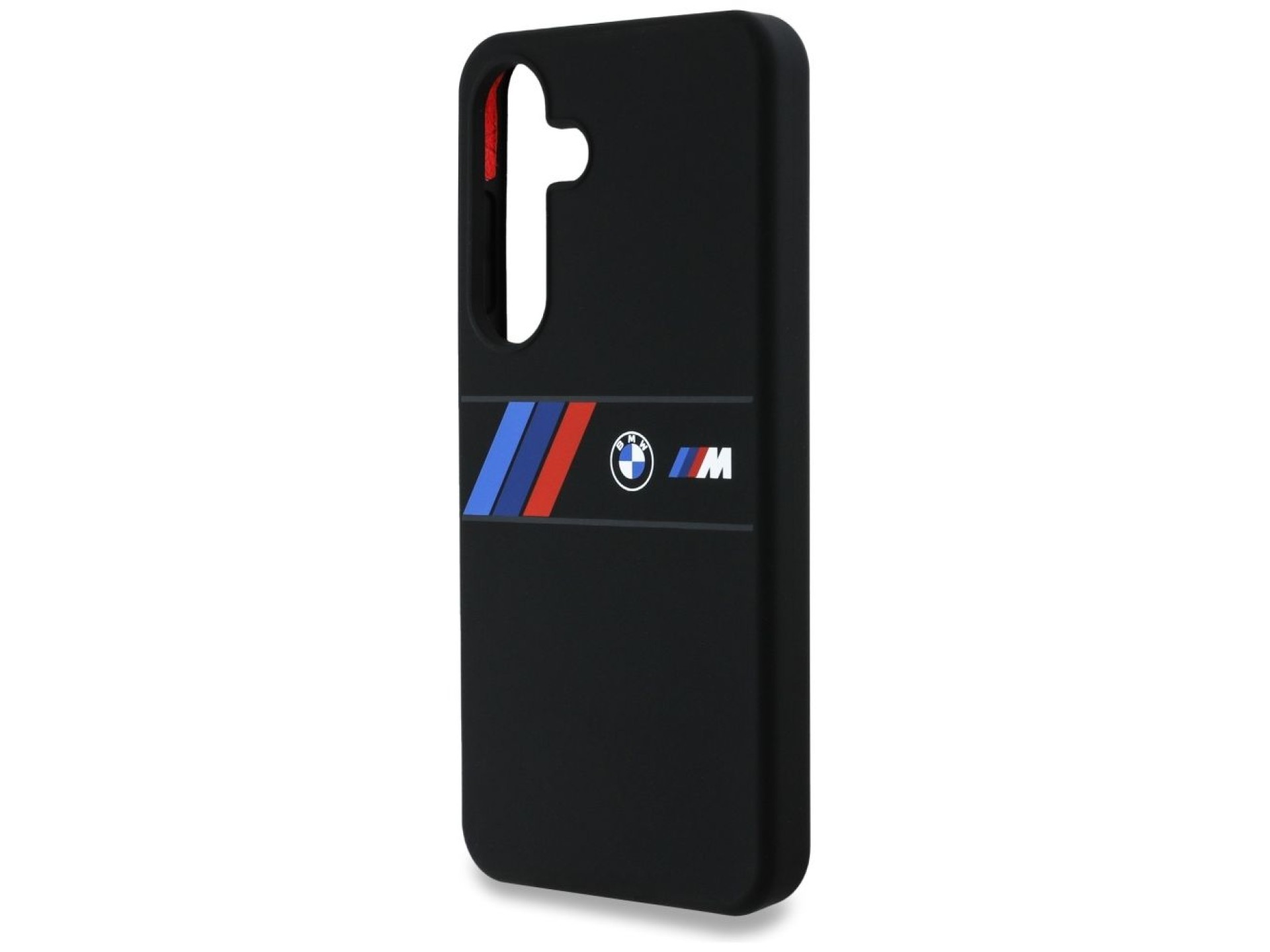 Funda MagSafe de silicona BMW con franjas tricolores centrales para Samsung Galaxy S25 - Negra