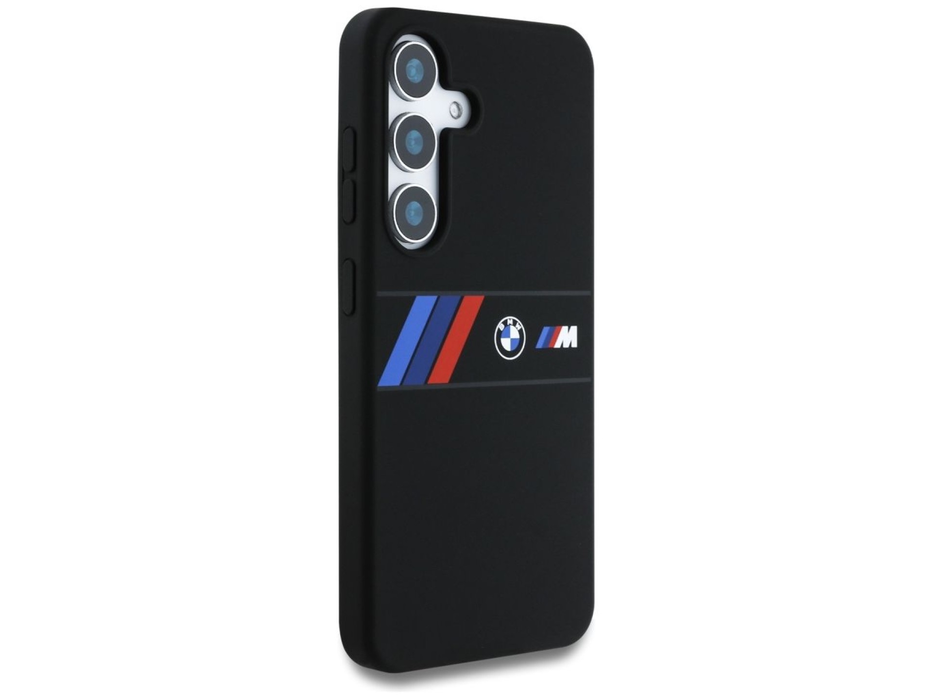 Funda MagSafe de silicona BMW con franjas tricolores centrales para Samsung Galaxy S25 - Negra