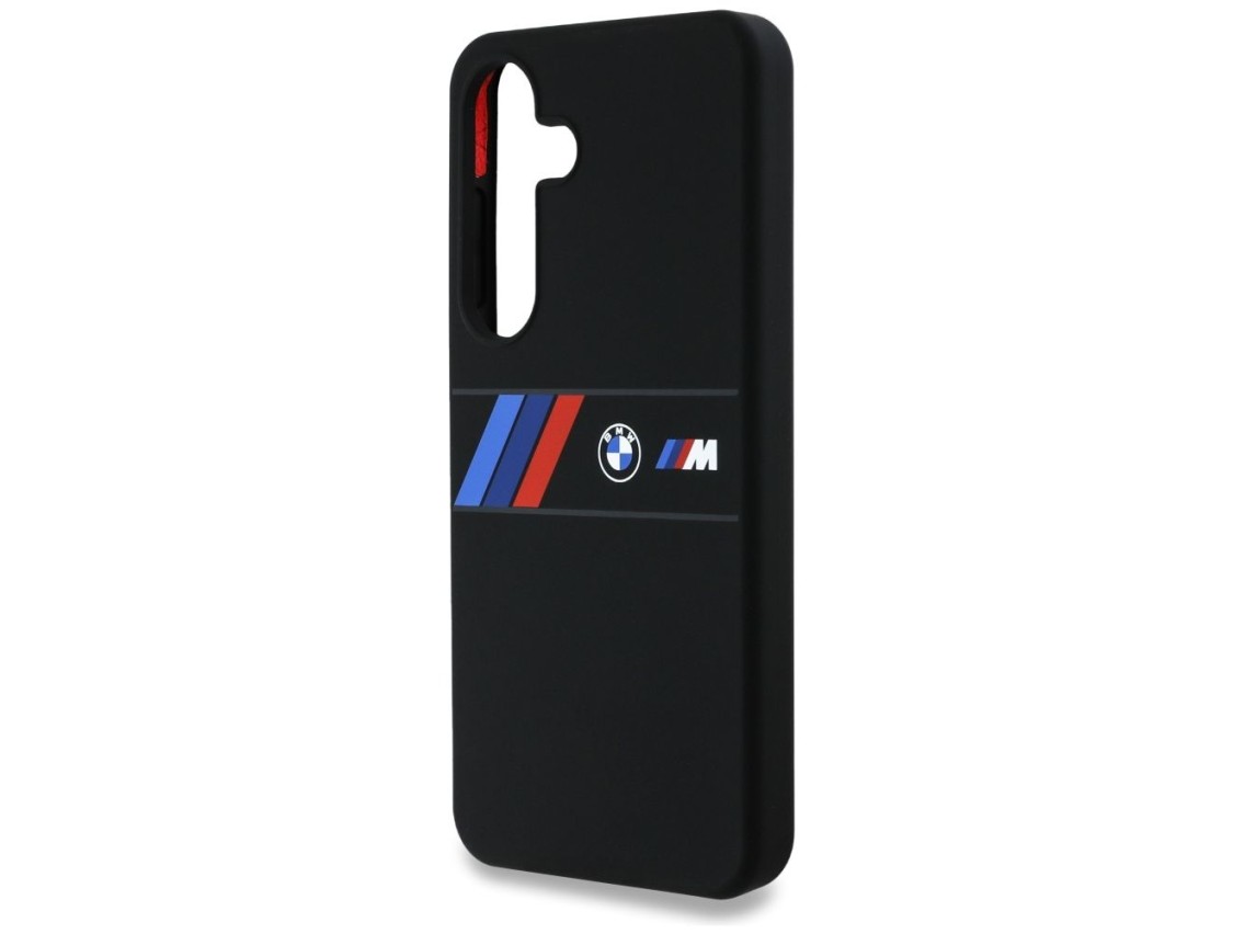 Funda MagSafe de silicona BMW con franjas tricolores centrales para Samsung Galaxy S25 - Negra