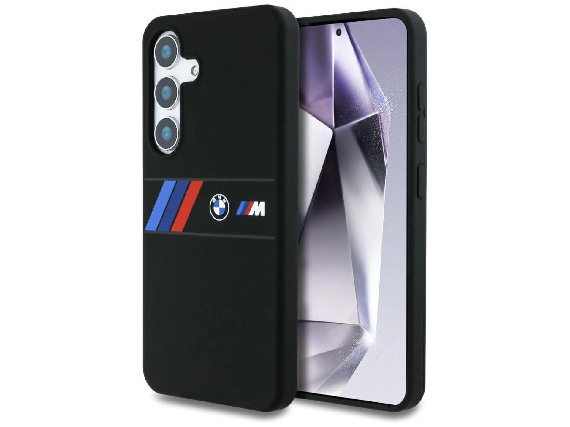 Funda MagSafe de silicona BMW con franjas tricolores centrales para Samsung Galaxy S25 - Negra