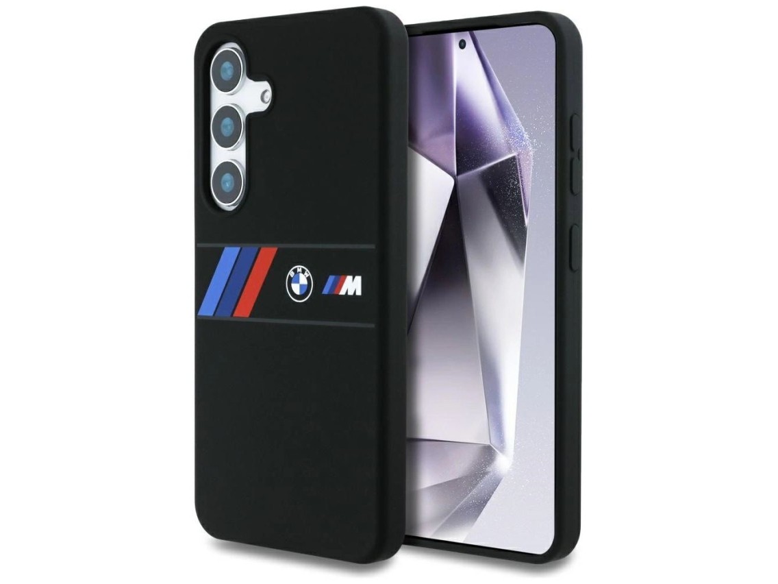 Funda MagSafe de silicona BMW con franjas tricolores centrales para Samsung Galaxy S25 - Negra