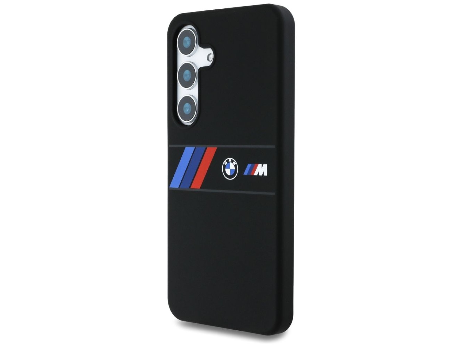 Funda MagSafe de silicona BMW con franjas tricolores centrales para Samsung Galaxy S25 - Negra