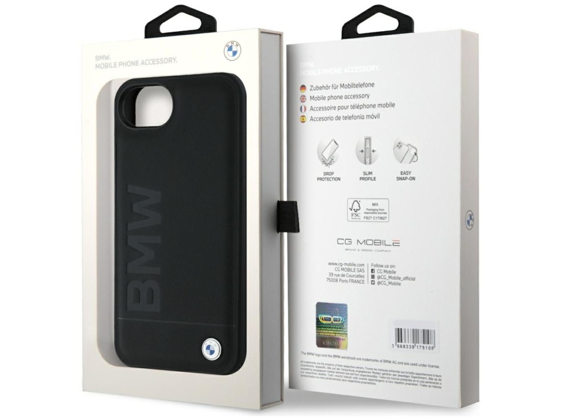 Capa para iPhone 16e em couro com gravação a quente da BMW - Preta
