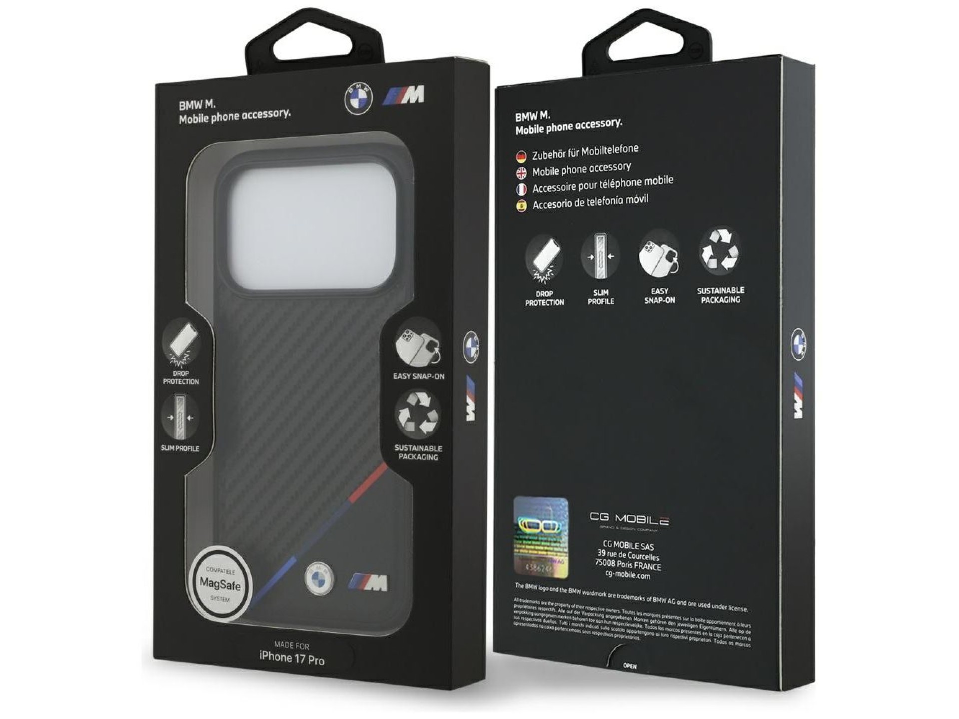 Capa MagSafe BMW M Carbon Tricolor Line para iPhone 17 Pro - Preta