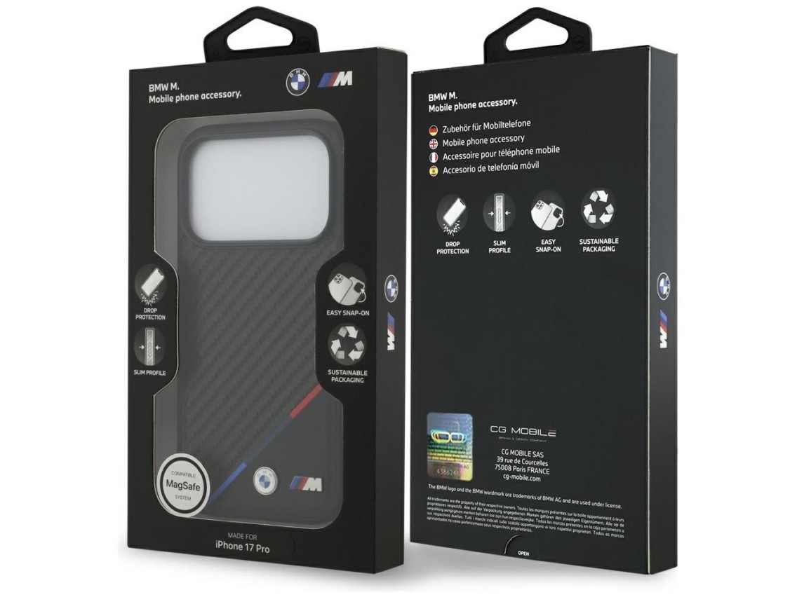 Capa MagSafe BMW M Carbon Tricolor Line para iPhone 17 Pro - Preta