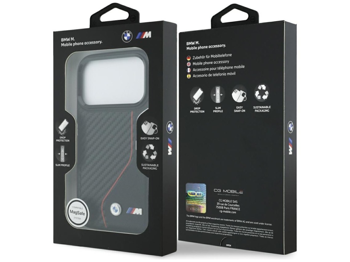 Capa MagSafe BMW M Carbon Line com logotipo para iPhone 17 Pro - Vermelha