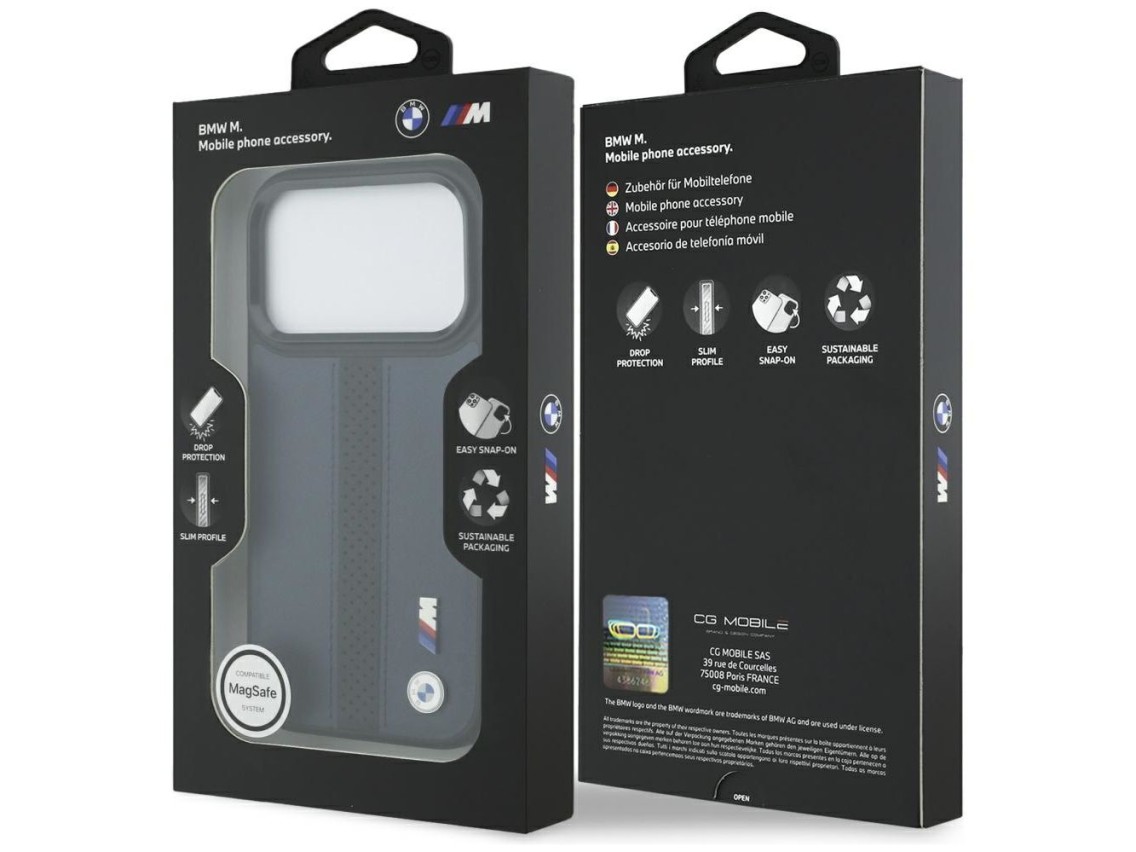 Funda MagSafe BMW M con logotipo de franja perforada para iPhone 17 Pro - Azul marino