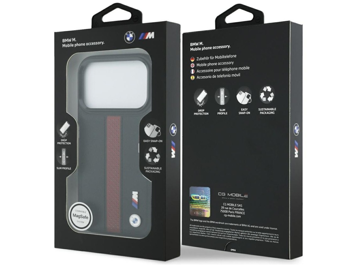 Capa MagSafe BMW M com logotipo de faixa perfurada para iPhone 17 Pro - Vermelha