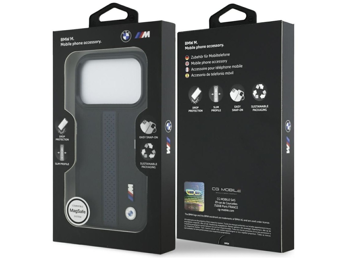 Capa MagSafe BMW M com logotipo de faixa perfurada para iPhone 17 Pro - Azul