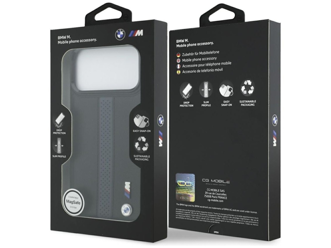 Funda MagSafe BMW M con logotipo de franja perforada para iPhone 17 Pro Max - Azul
