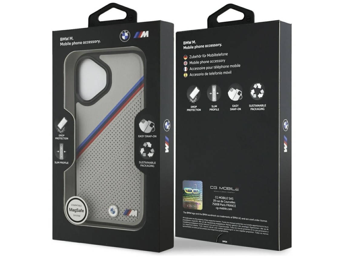 Capa MagSafe BMW M Tricolor Metal Logo para iPhone 17 - Cinza