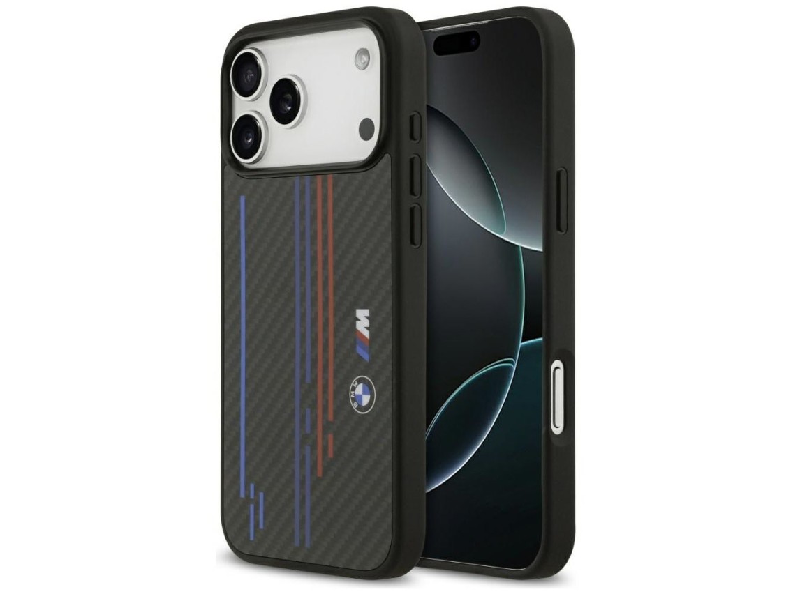 Capa MagSafe BMW M Kevlar com Linhas e Logotipo para iPhone 17 Pro Max - Preta