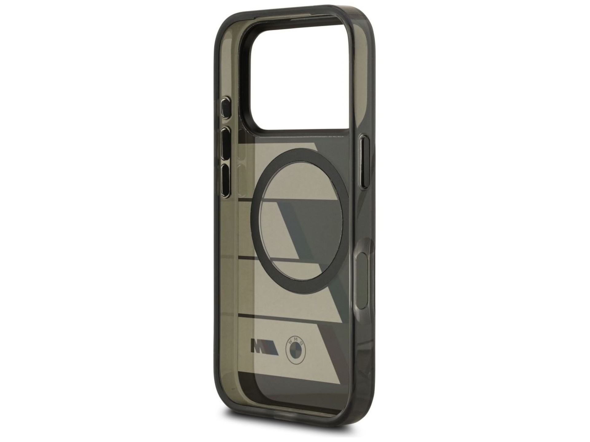 Capa MagSafe BMW M IML com botões metálicos e linhas tricolores para iPhone 17 Pro Max - Cinza