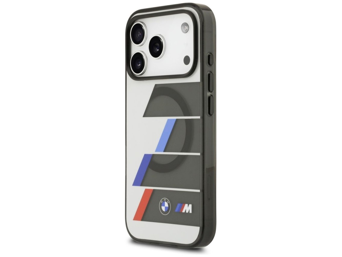 Capa MagSafe BMW M IML com botões metálicos e linhas tricolores para iPhone 17 Pro Max - Cinza