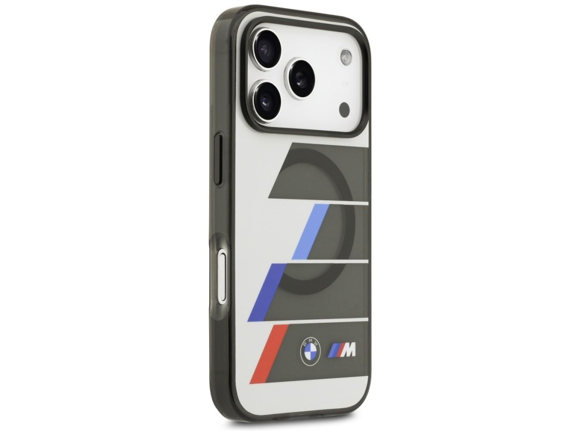 Capa MagSafe BMW M IML com botões metálicos e linhas tricolores para iPhone 17 Pro Max - Cinza