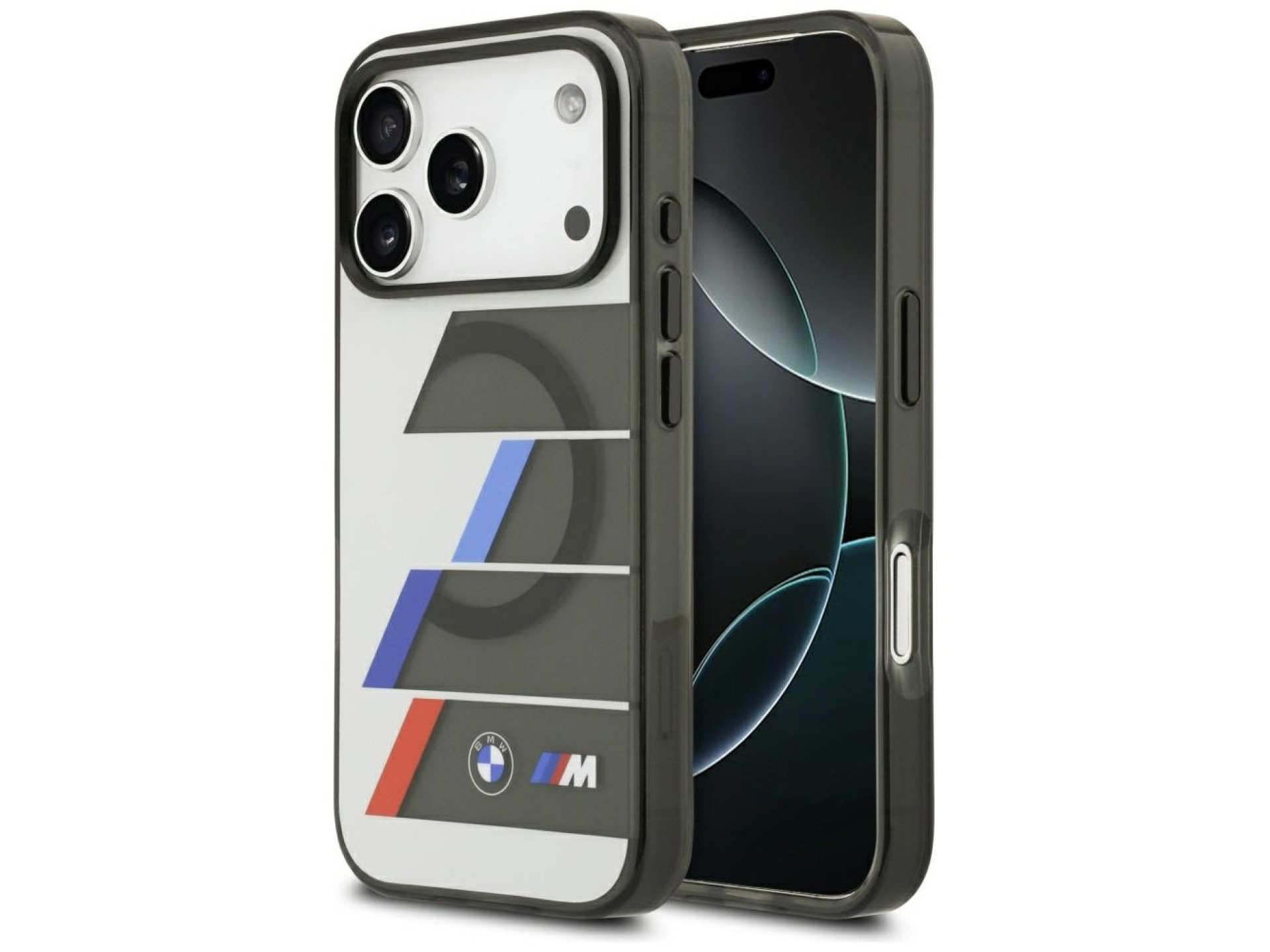 Capa MagSafe BMW M IML com botões metálicos e linhas tricolores para iPhone 17 Pro Max - Cinza