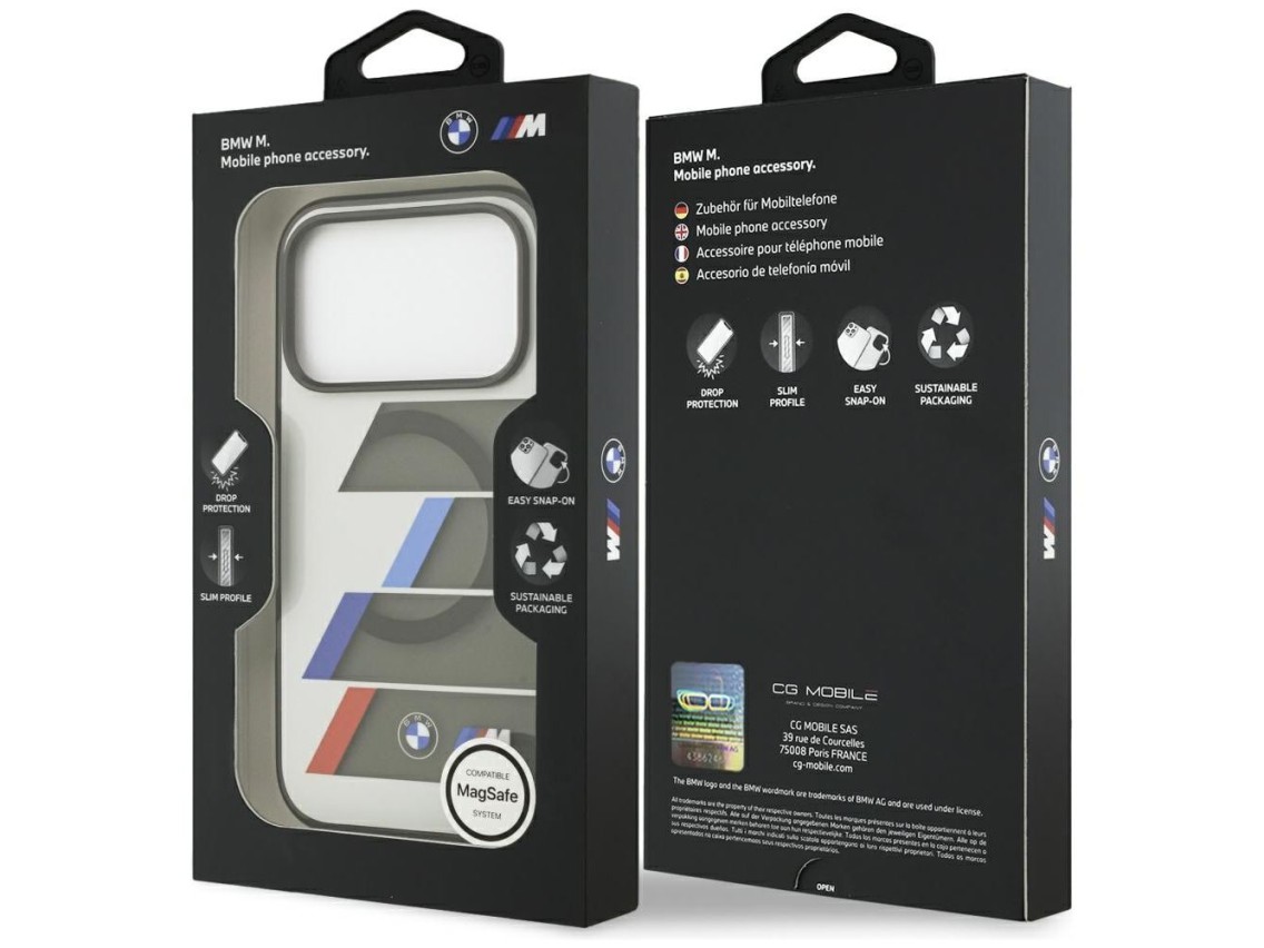 Capa MagSafe BMW M IML com botões metálicos e linhas tricolores para iPhone 17 Pro - Cinza