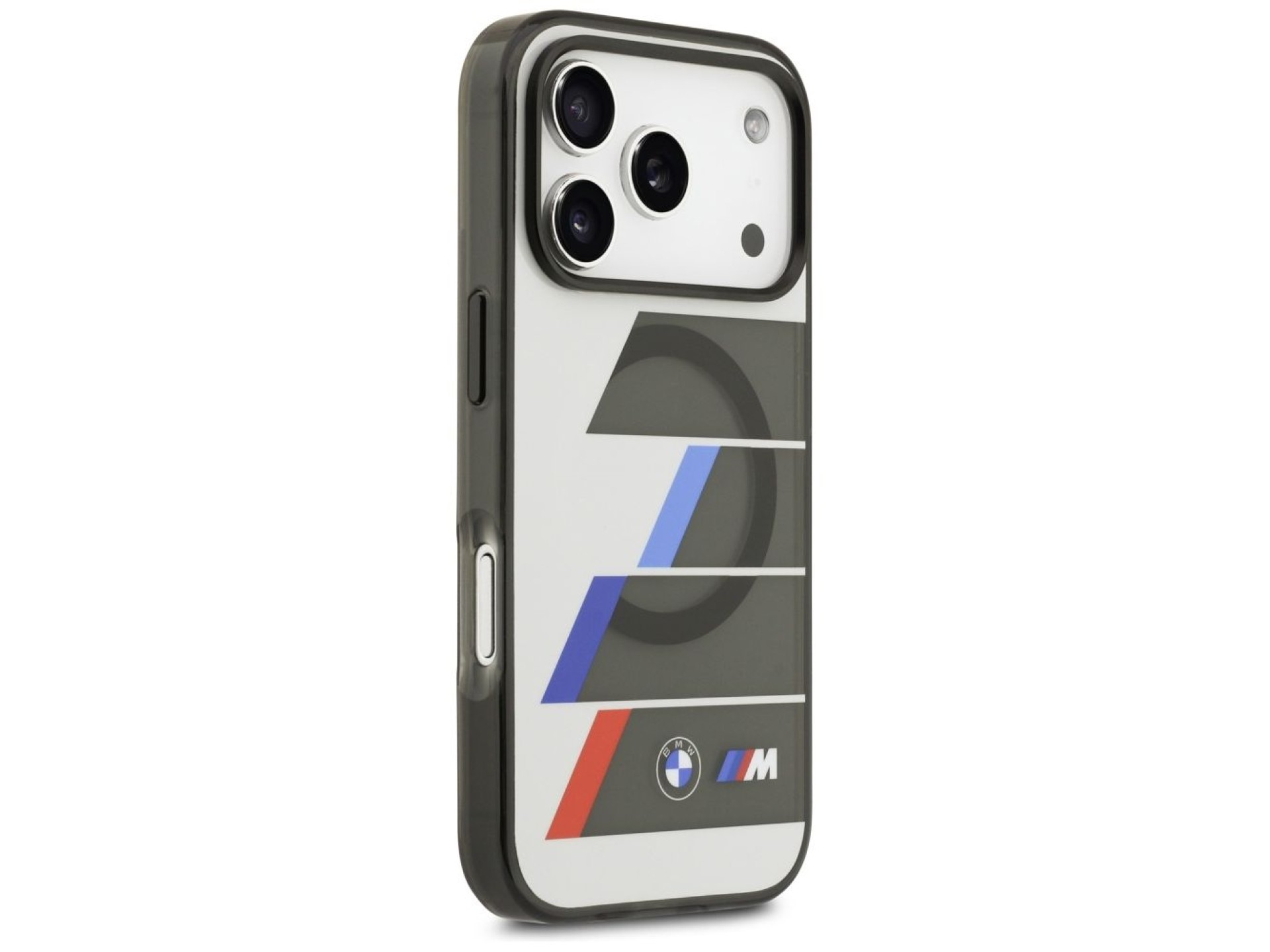 Capa MagSafe BMW M IML com botões metálicos e linhas tricolores para iPhone 17 Pro Max - Cinza