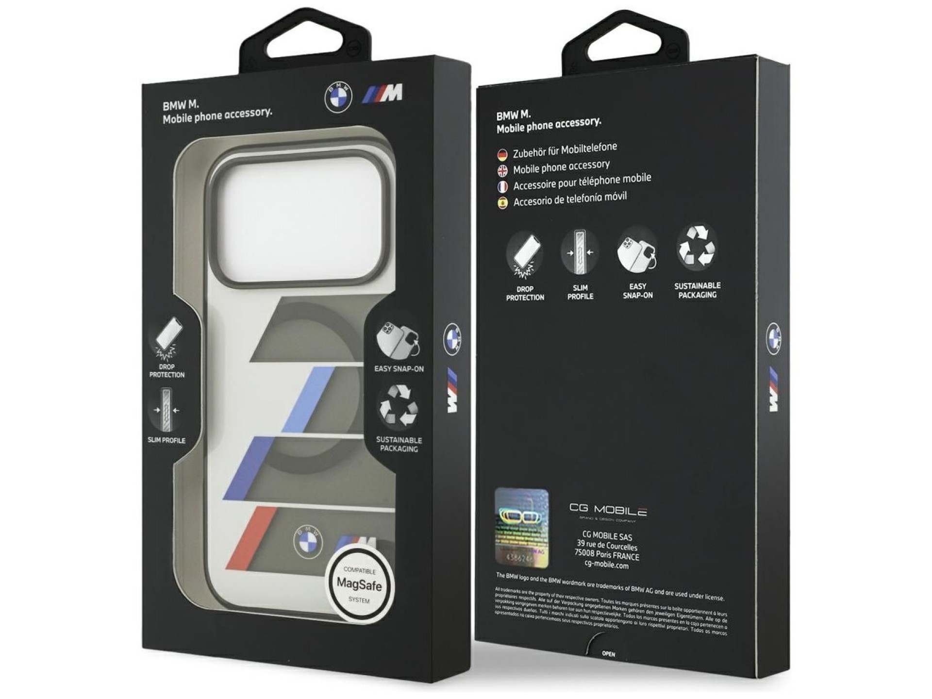 Capa MagSafe BMW M IML com botões metálicos e linhas tricolores para iPhone 17 Pro - Cinza