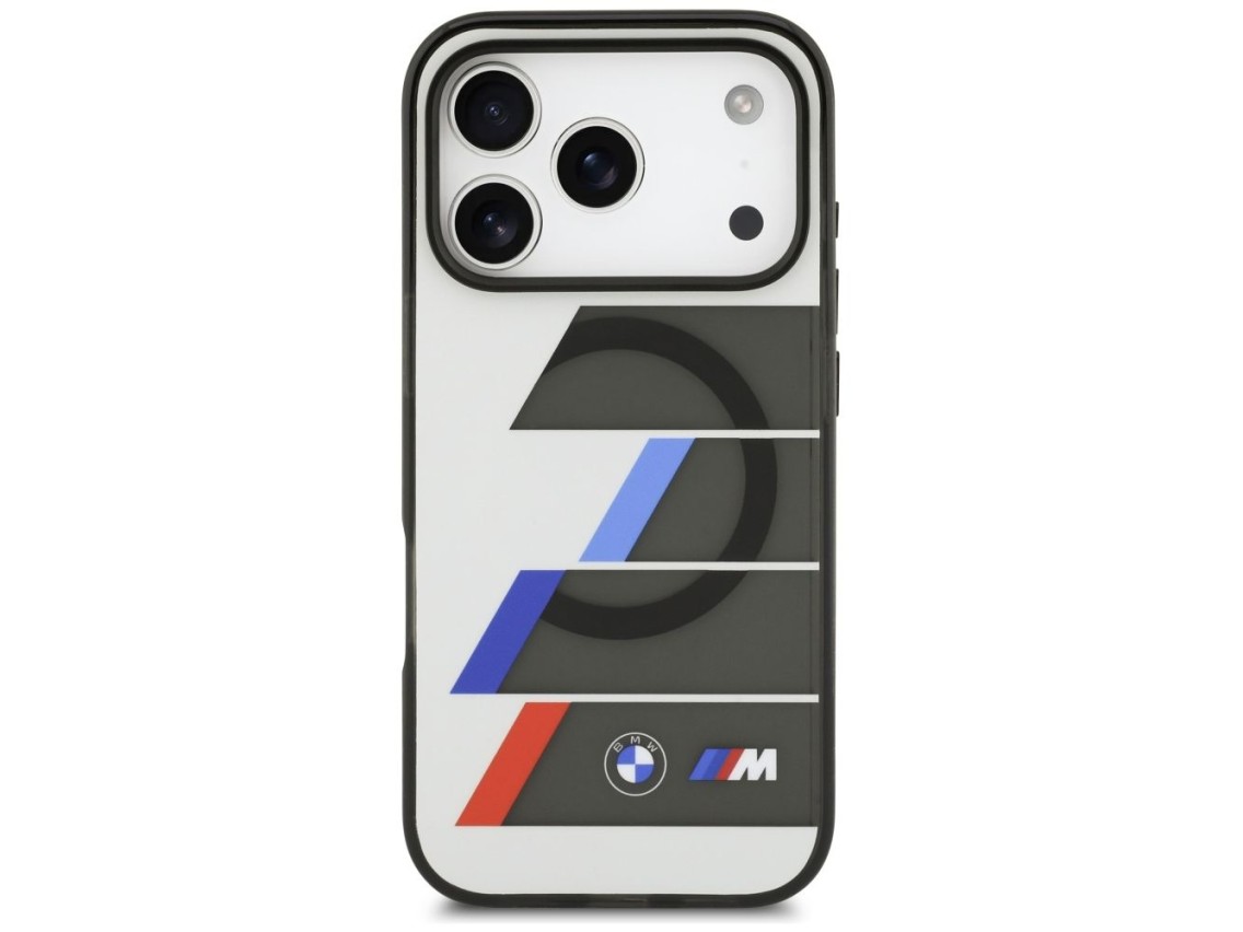 Capa MagSafe BMW M IML com botões metálicos e linhas tricolores para iPhone 17 Pro Max - Cinza