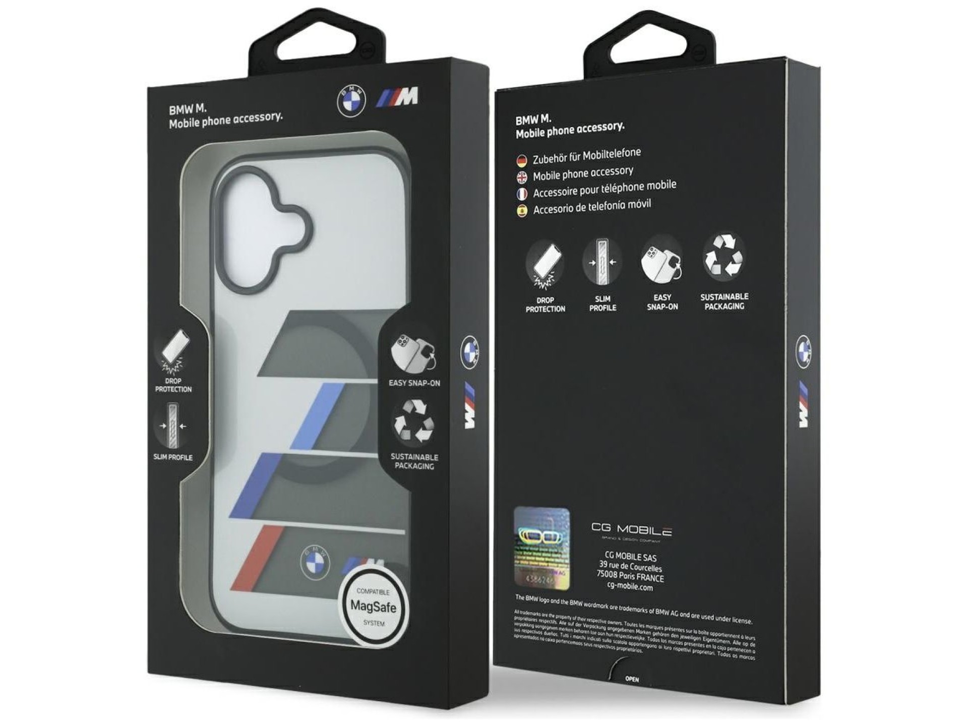 Funda MagSafe BMW M IML con botones metálicos y líneas tricolores para iPhone 17 - Gris