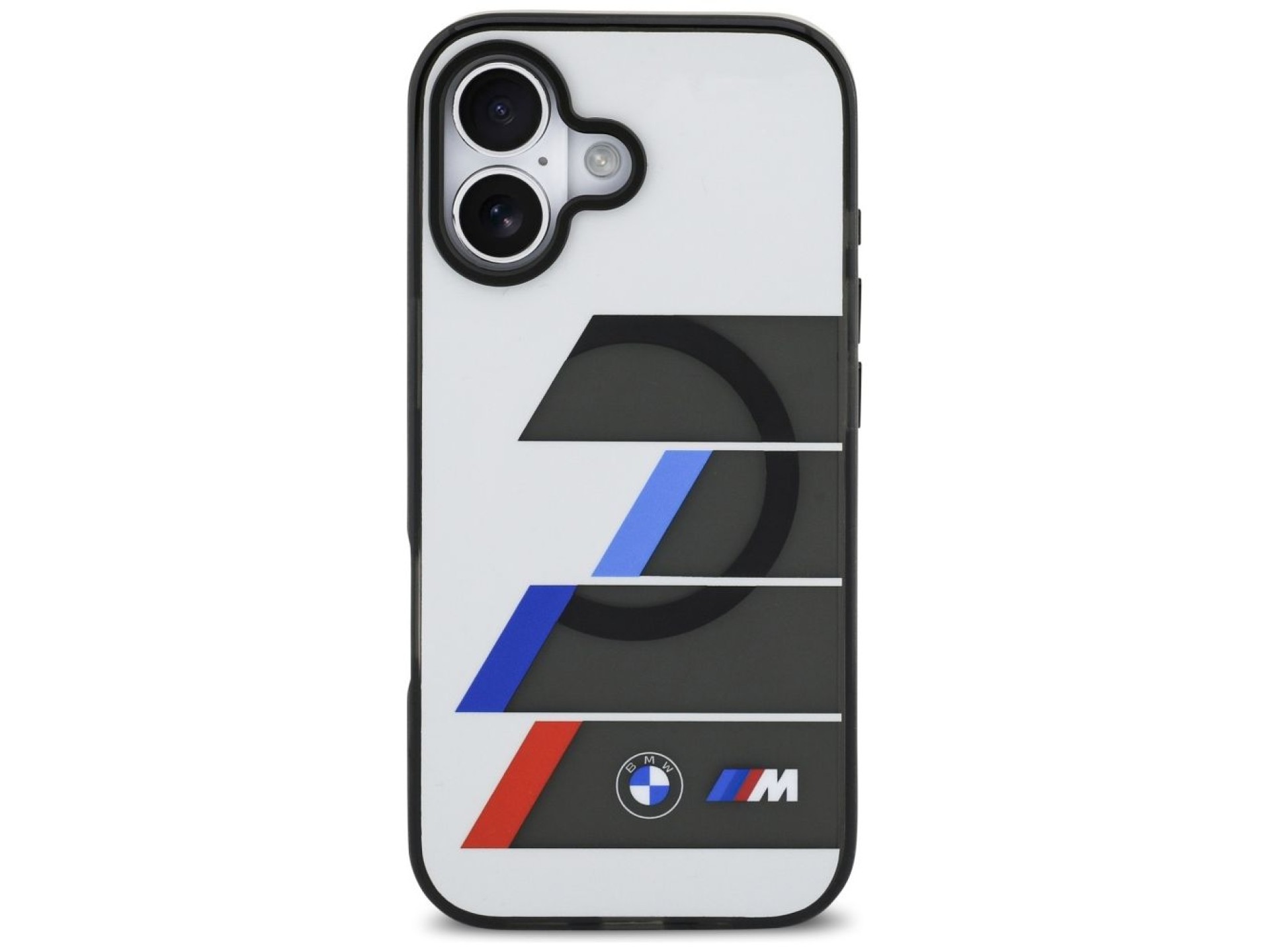 Funda MagSafe BMW M IML con botones metálicos y líneas tricolores para iPhone 17 - Gris