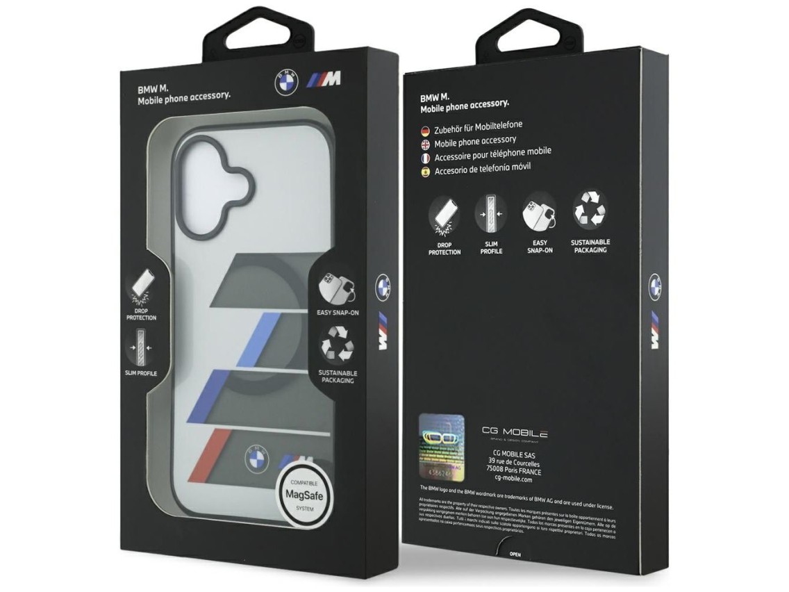 Funda MagSafe BMW M IML con botones metálicos y líneas tricolores para iPhone 17 - Gris