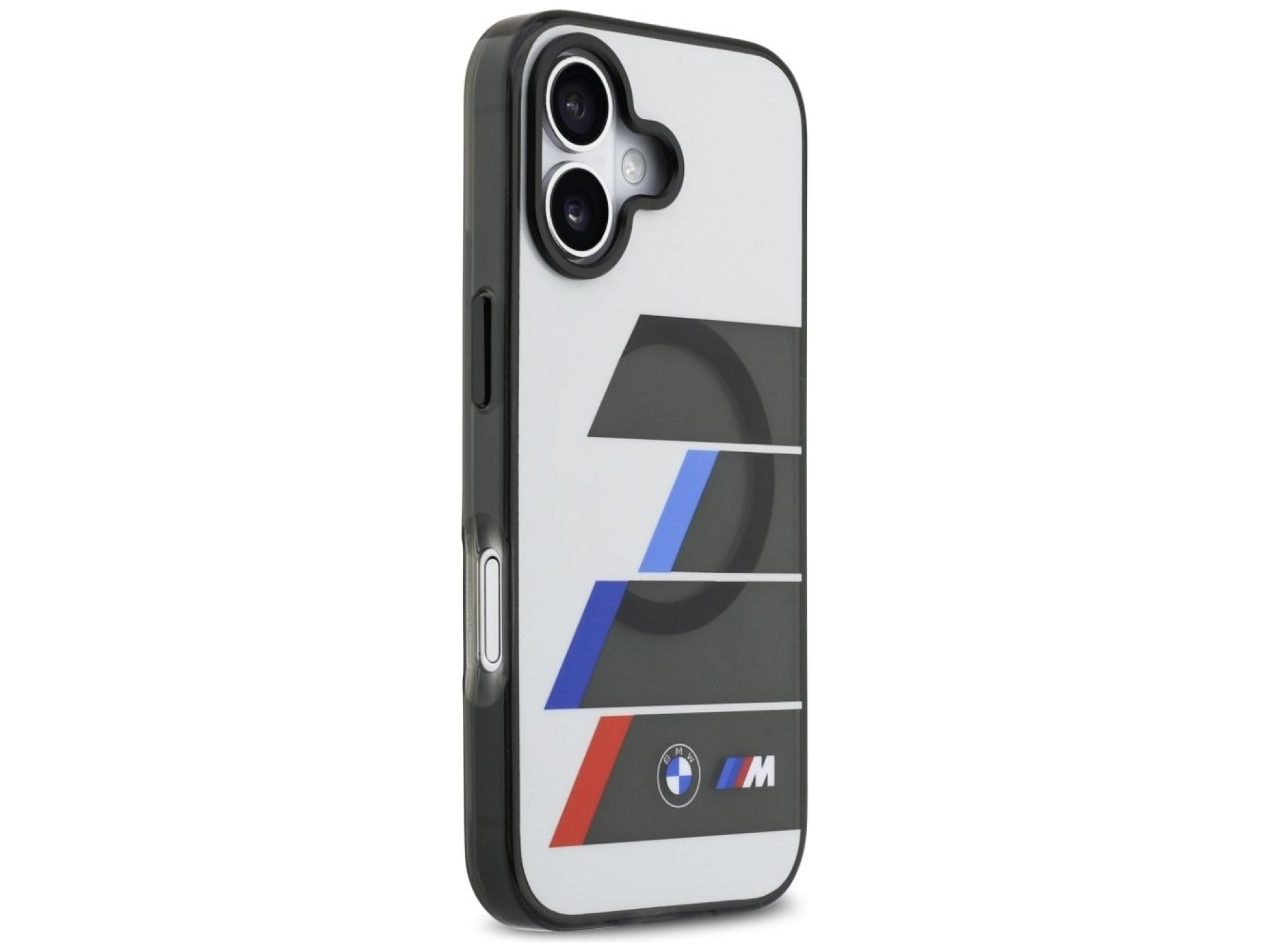 Funda MagSafe BMW M IML con botones metálicos y líneas tricolores para iPhone 17 - Gris