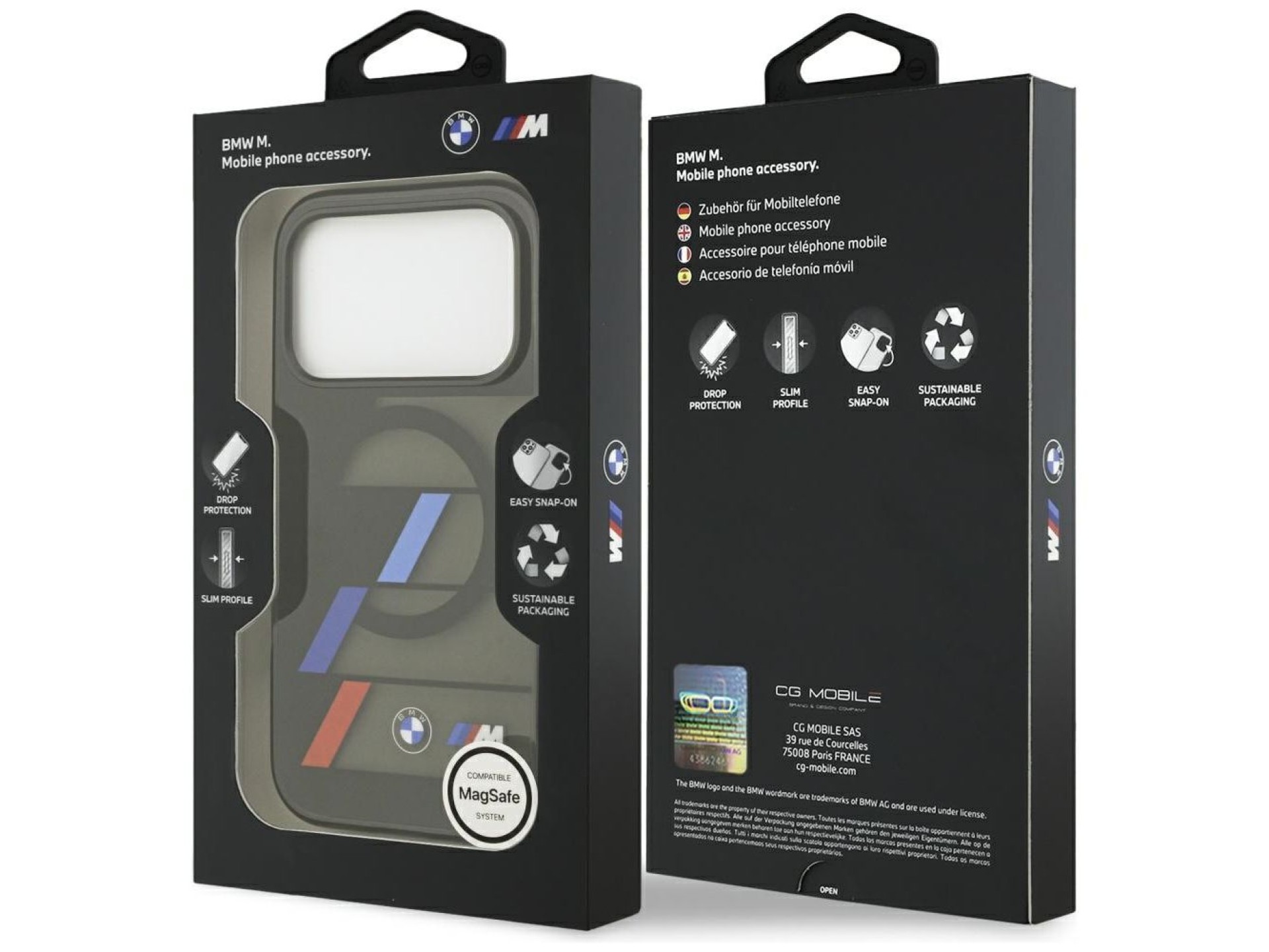 Funda MagSafe BMW M IML con botones metálicos y líneas tricolores para iPhone 17 Pro - Negra