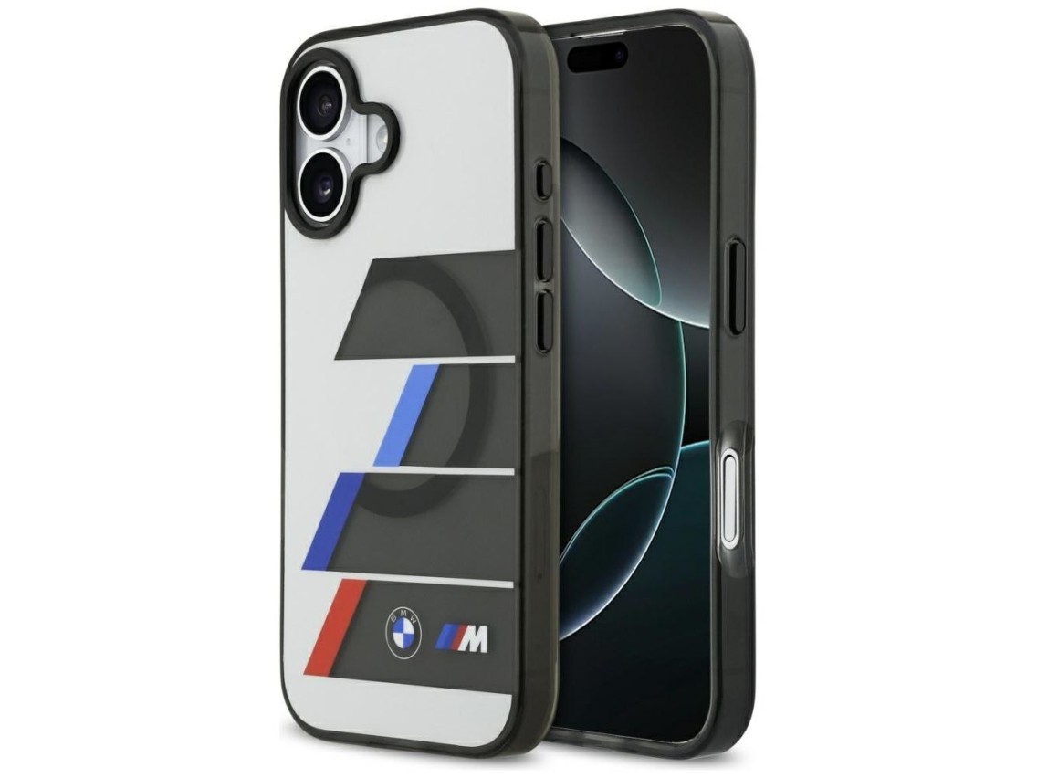 Funda MagSafe BMW M IML con botones metálicos y líneas tricolores para iPhone 17 - Gris