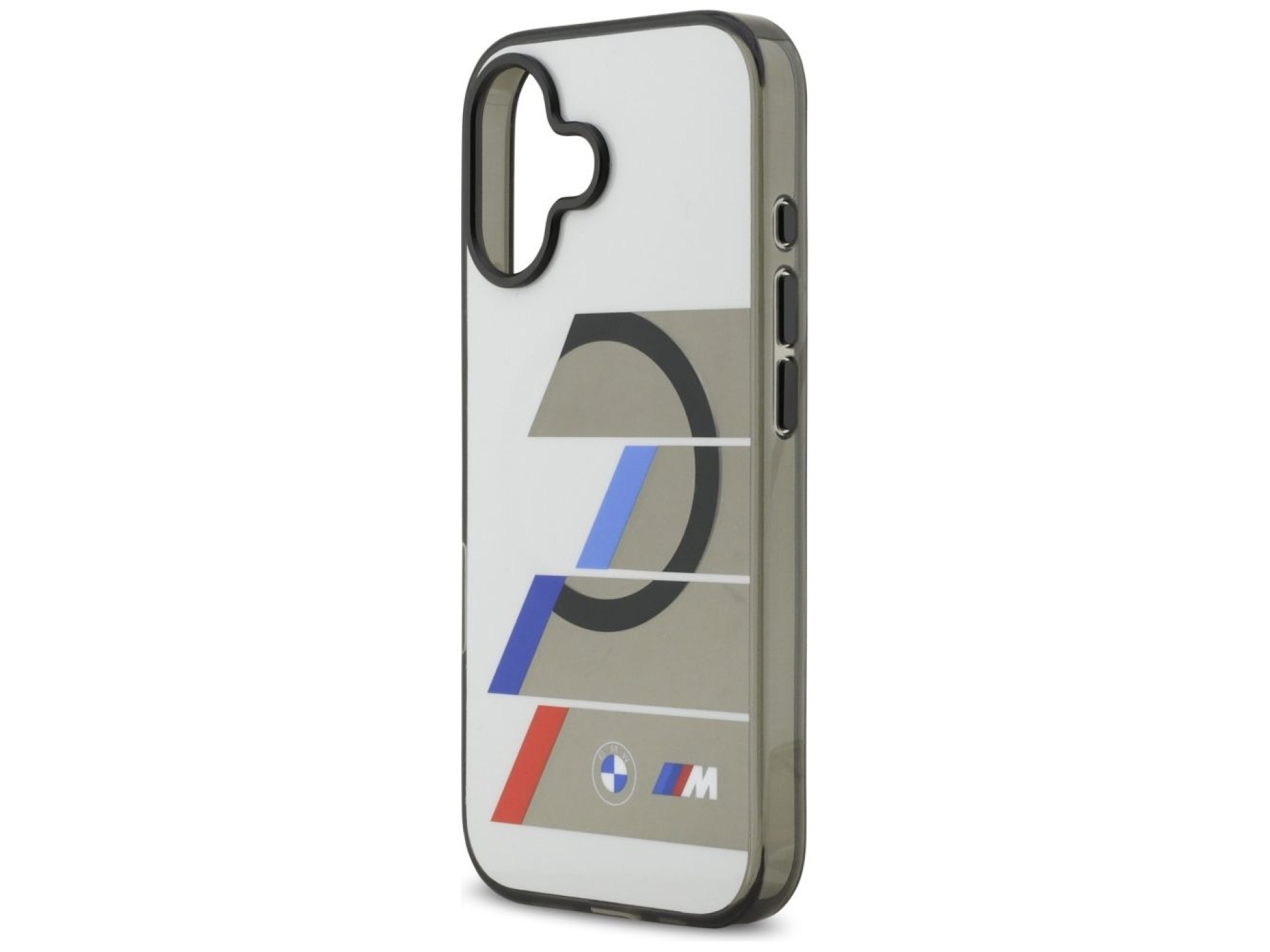 Funda MagSafe BMW M IML con botones metálicos y líneas tricolores para iPhone 17 - Gris