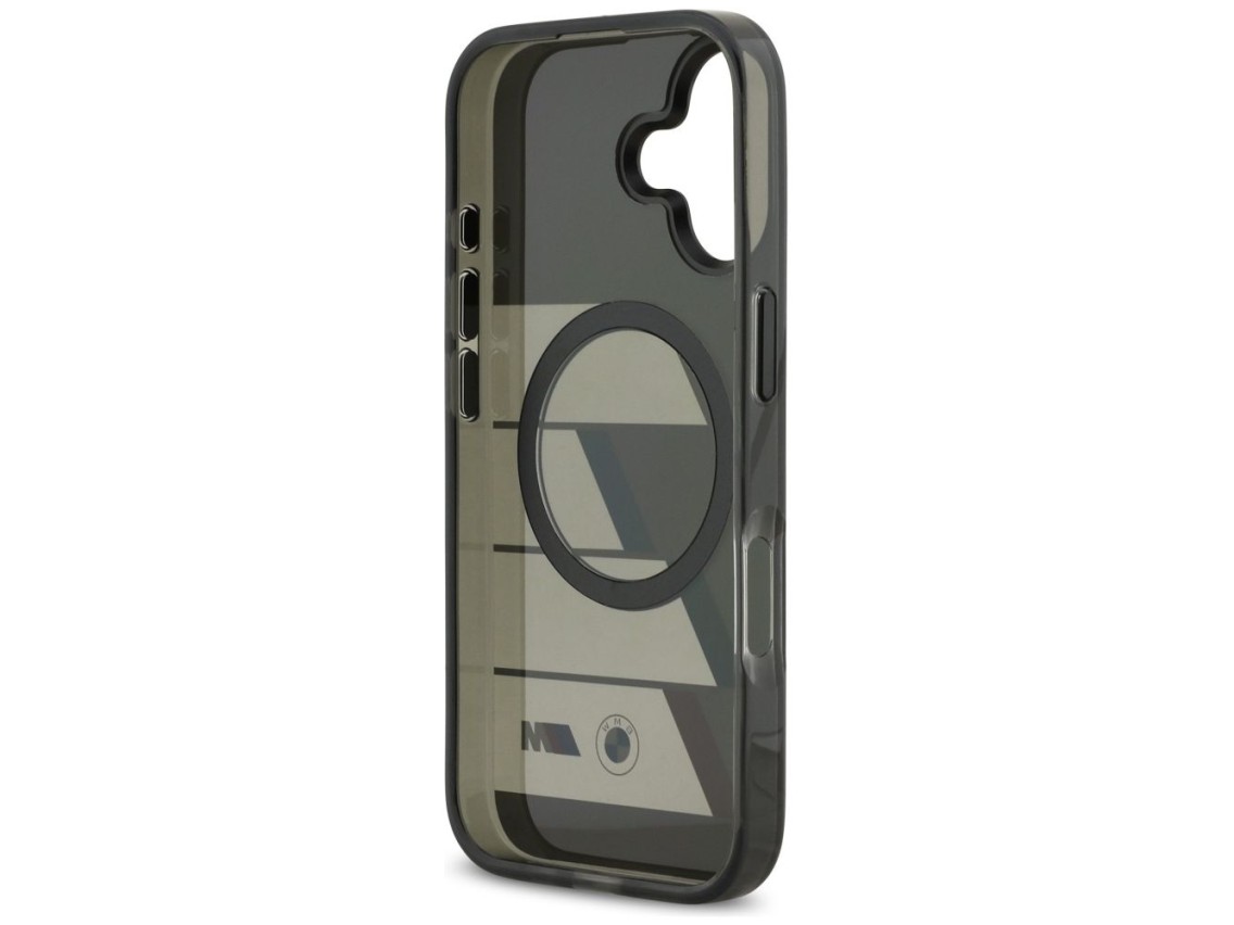 Funda MagSafe BMW M IML con botones metálicos y líneas tricolores para iPhone 17 - Gris